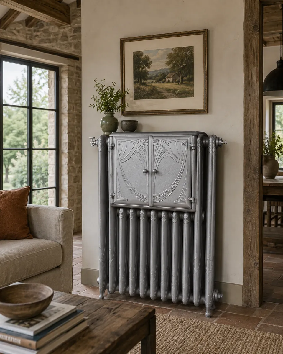 Chauffe-plat en fonte Art déco à 2 colonnes, hauteur 120 cm, Collection REMANENCE