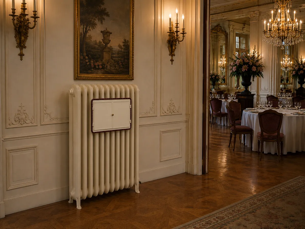 Chauffe-plat en fonte lisse à 3 colonnes, hauteur 116 cm, Collection REMANENCE