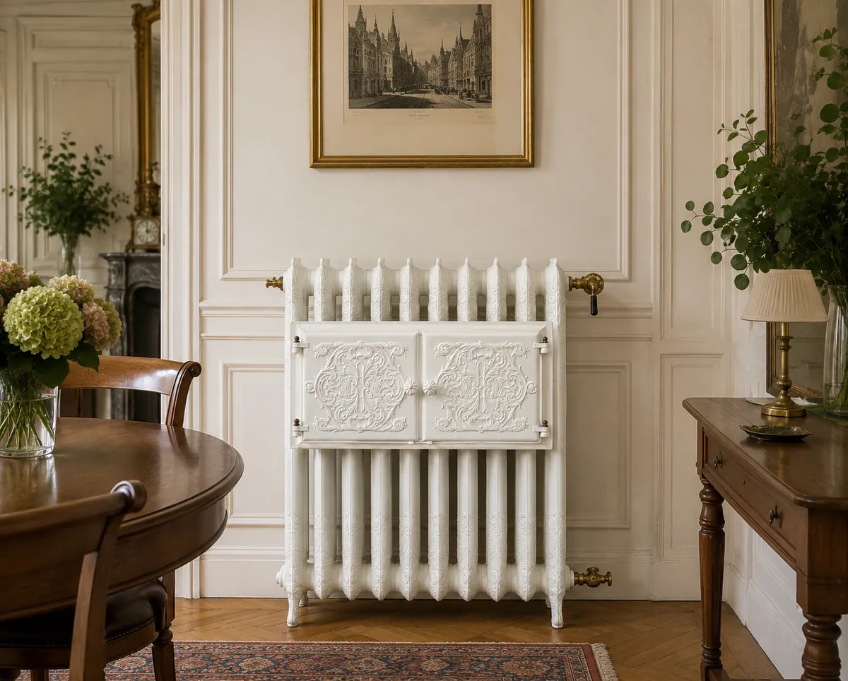 Chauffe-plat en fonte modèle Rococo à 3 colonnes, hauteur 116 cm, Collection REMANENCE