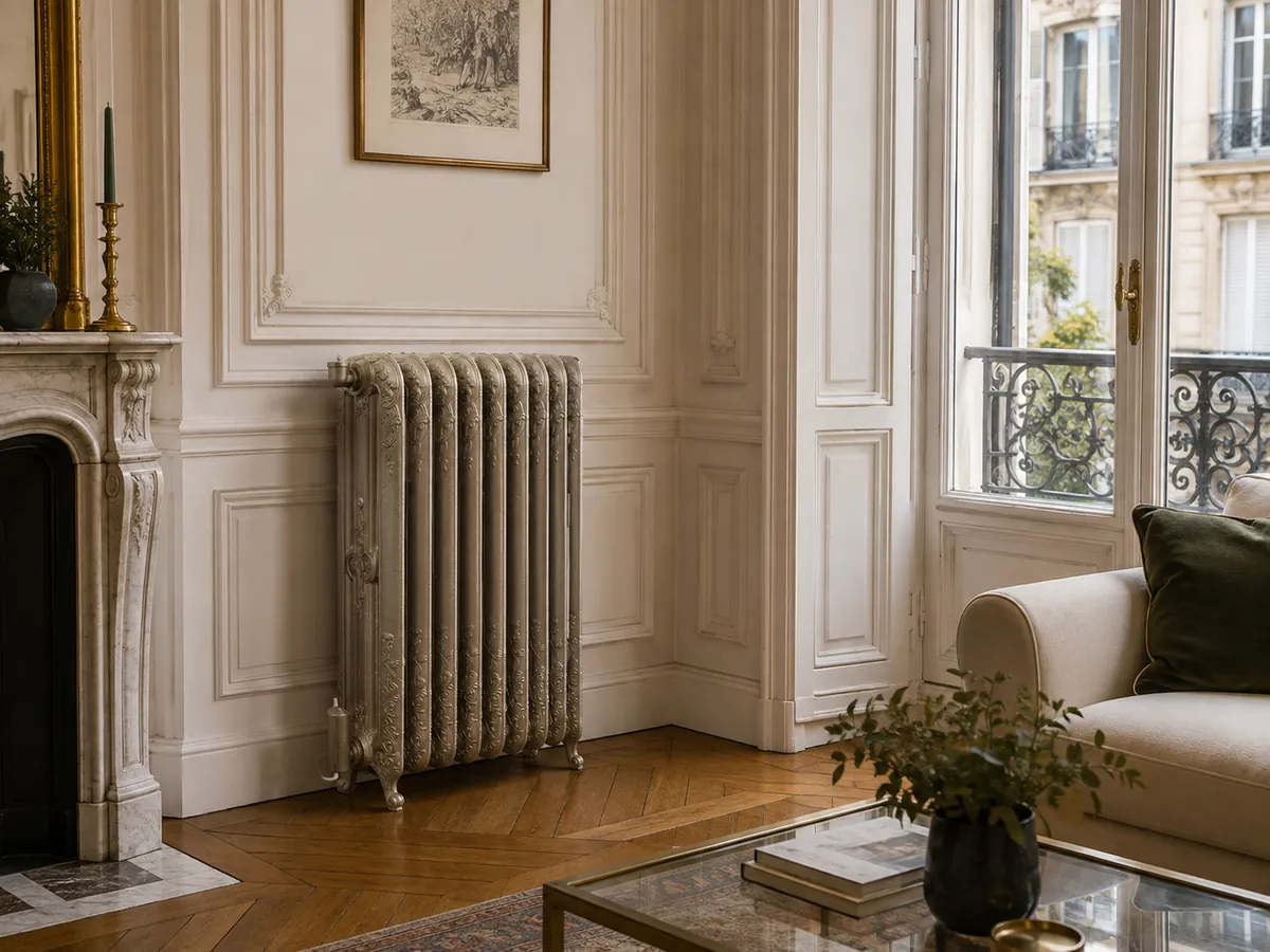Radiateur en fonte fleuri modèle Macaron à 3 colonnes, hauteur 116 cm, restauré par REMANENCE